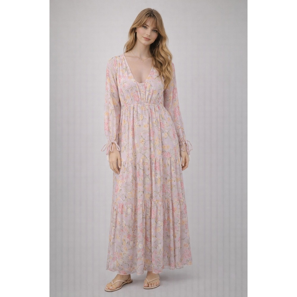 Mable Floral Print V Neck Tiered Maxi Dress Lilac Long Sleeve Button Front Small